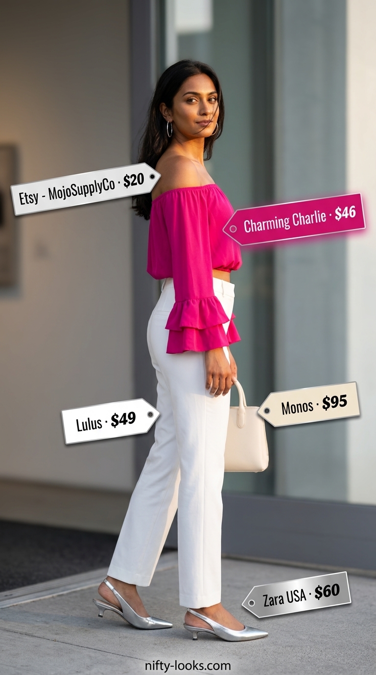 Fuchsia Flowy Off-Shoulder Outfits 2026 Flowy summer off-shoulder outfits for women 2026: Fuchsia top, white trousers, silver heels for a summer party.