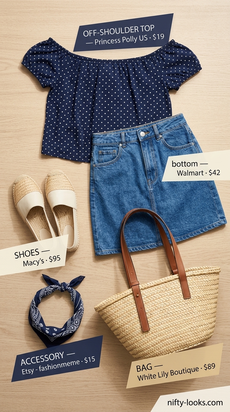 Retro Picnic Outfits 2026 Flowy summer off-shoulder outfits for women 2026: Gingham top with denim skirt for a retro lakeside picnic.