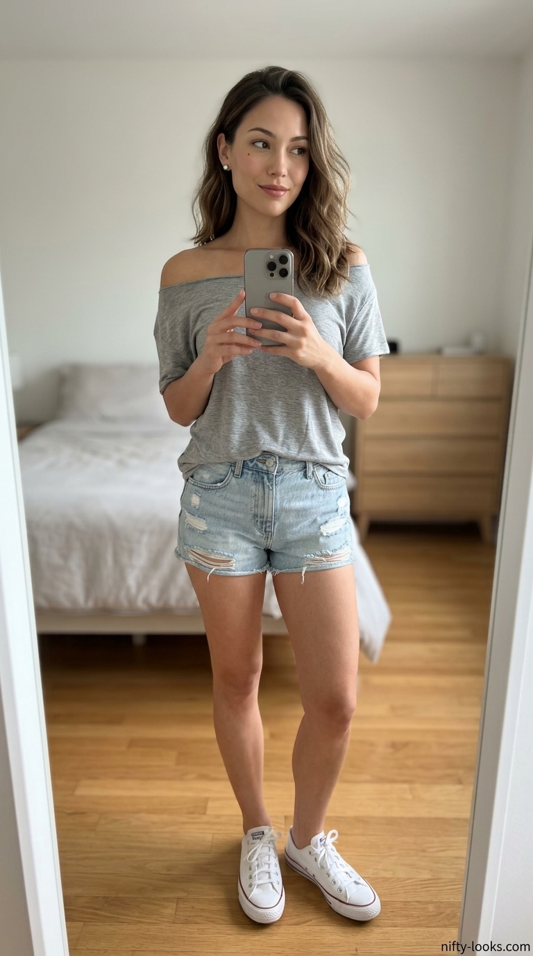 Weekend Flowy Off-Shoulder Outfits 2026 Flowy summer off-shoulder outfits for women 2026: Grey top, distressed denim shorts, white sneakers for weekend errands.