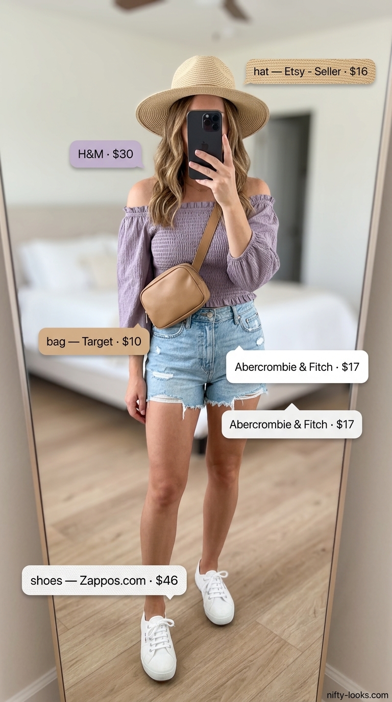 Lavender Field Day Outfits 2026 Lavender off-shoulder top with white linen skirt for a playful lavender field day outfit.