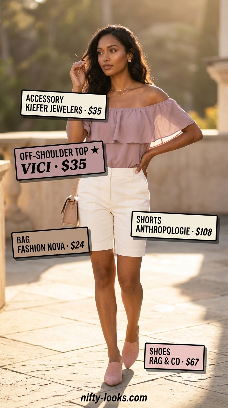 Afternoon Tea Outfits 2026 Flowy summer off-shoulder outfits for women 2026: Lavender ruffled top with tailored shorts for afternoon tea.