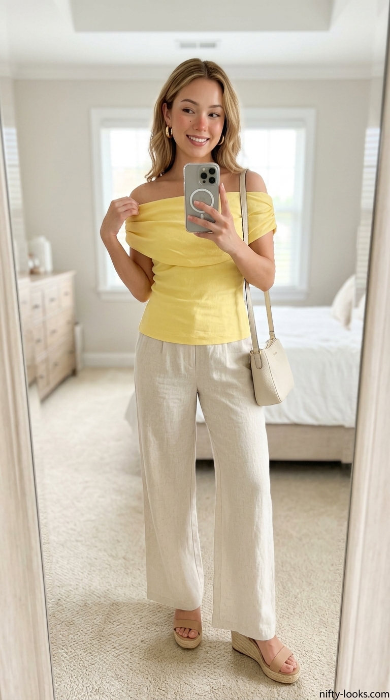 Garden Party Outfits 2026 Flowy summer off-shoulder outfits for women 2026: Lemon yellow ruffled top with floral palazzo pants for a garden party.