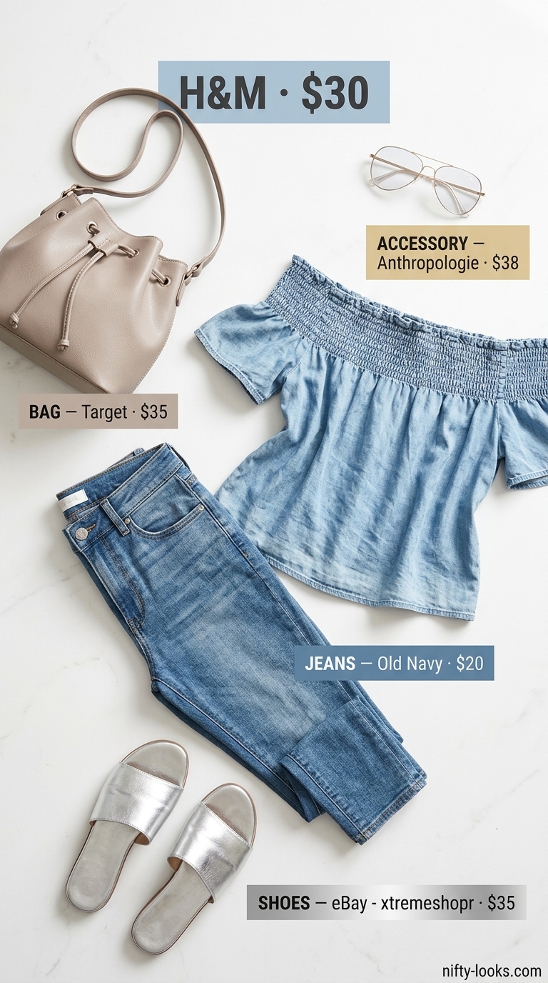City Day Flowy Off-Shoulder Outfits 2026 Flowy summer off-shoulder outfits for women 2026: Light blue top, white jeans, silver sandals for city sightseeing.