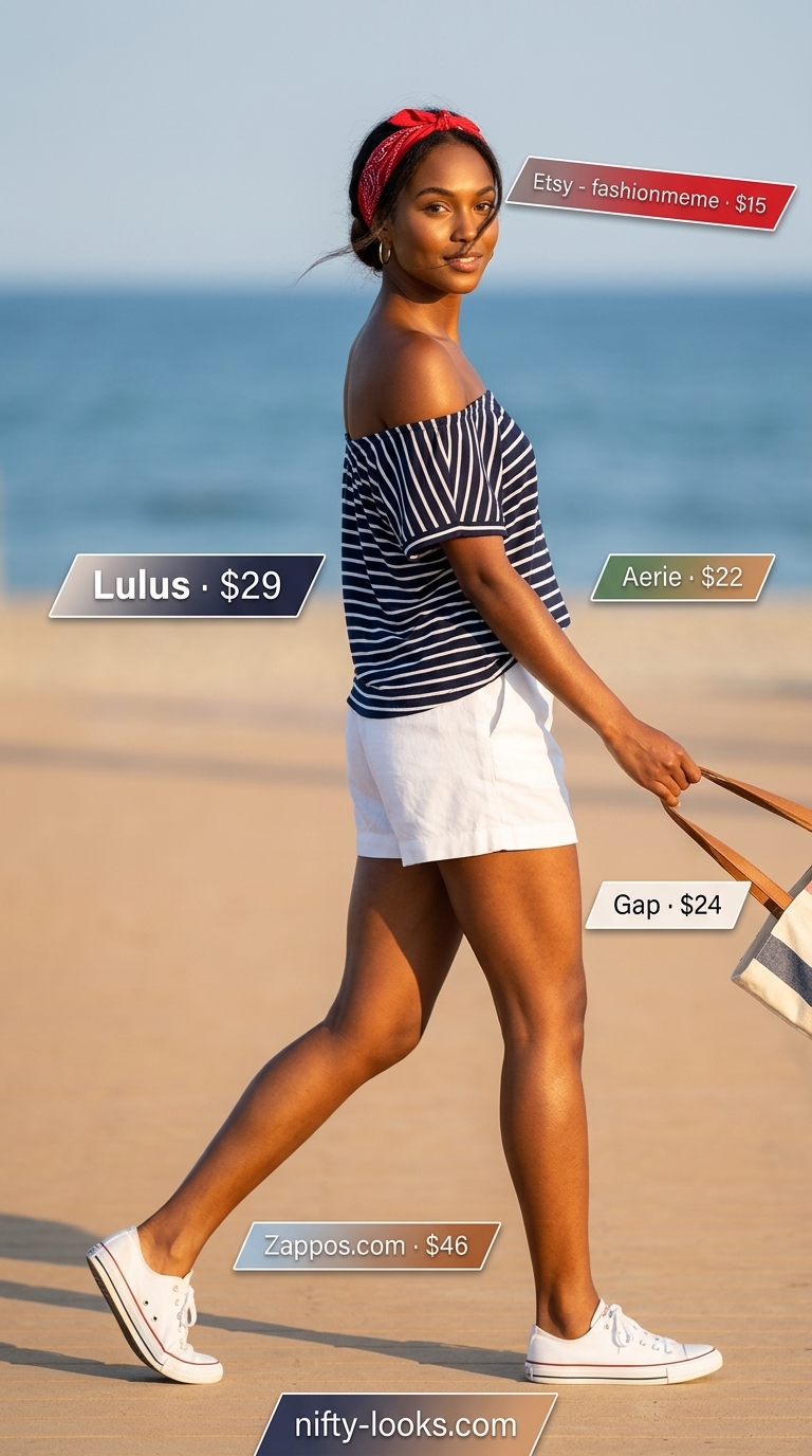 Coastal Boardwalk Outfits 2026 Flowy summer off-shoulder outfits for women 2026: Navy stripe top with red shorts for a coastal boardwalk day.