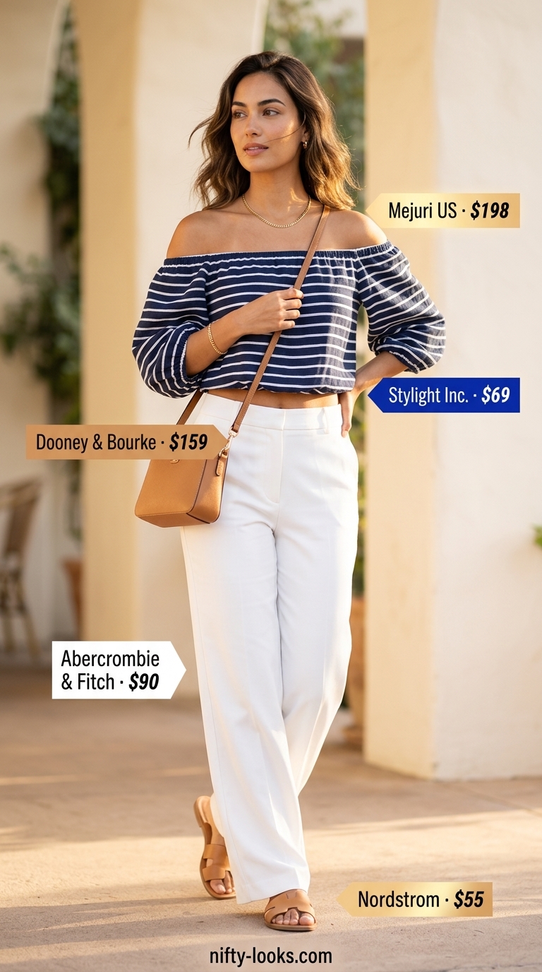 Riviera Brunch Outfits 2026 Flowy summer off-shoulder outfits for women 2026: Navy stripe top with white trousers for Riviera brunch elegance.