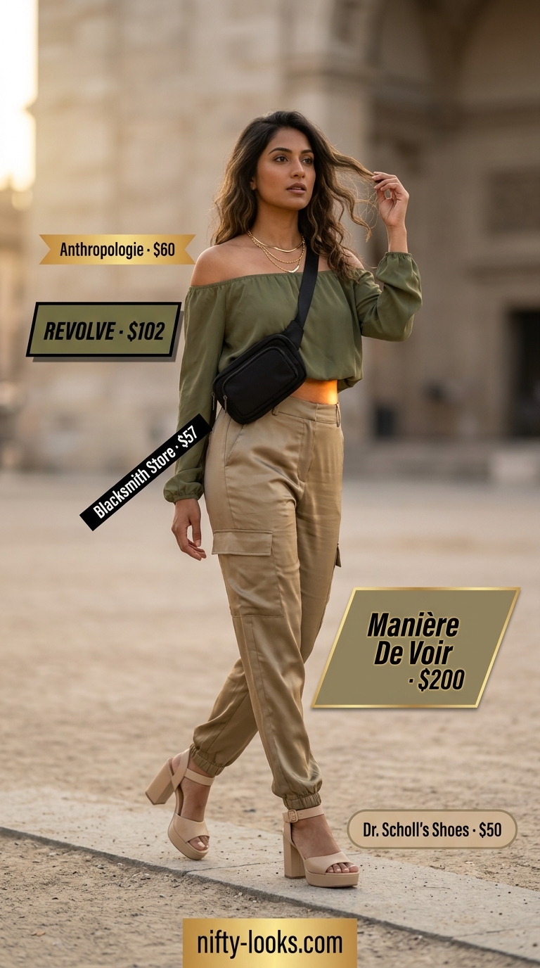 Safari Chic Explorer Outfits 2026 Khaki utility off-shoulder top with black cargo pants for a safari chic explorer outfit.