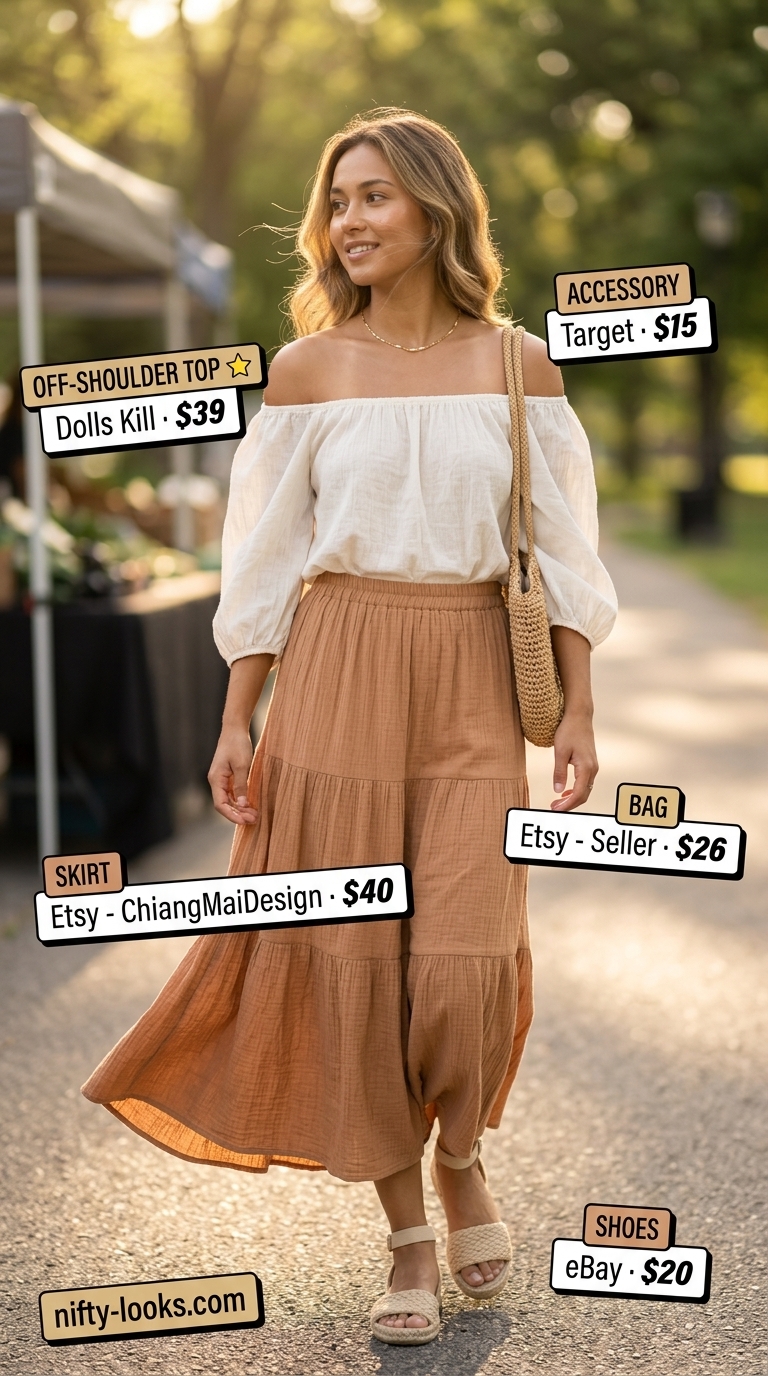 Boho Summer Outfits 2026 Flowy summer off-shoulder outfits for women 2026: Terracotta tiered skirt with embroidered peasant top for a boho look.