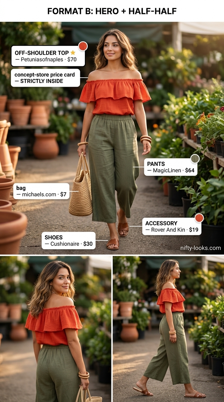 Market Day Flowy Off-Shoulder Outfits 2026 Flowy summer off-shoulder outfits for women 2026: Terracotta top, olive culottes, cognac sandals for market day.
