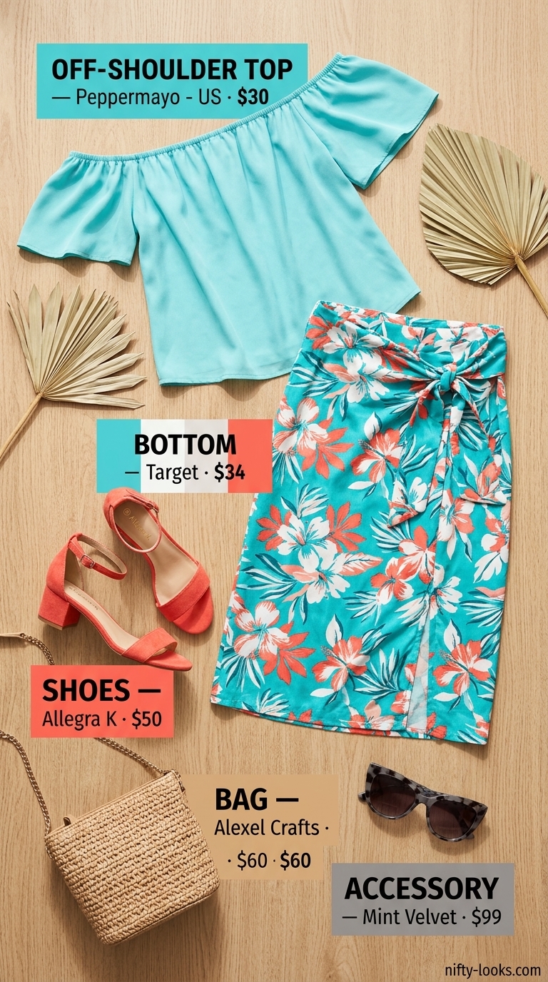 Tropical Getaway Dinner Outfits 2026 Turquoise off-shoulder top with a floral print midi skirt for a vibrant tropical getaway dinner outfit.