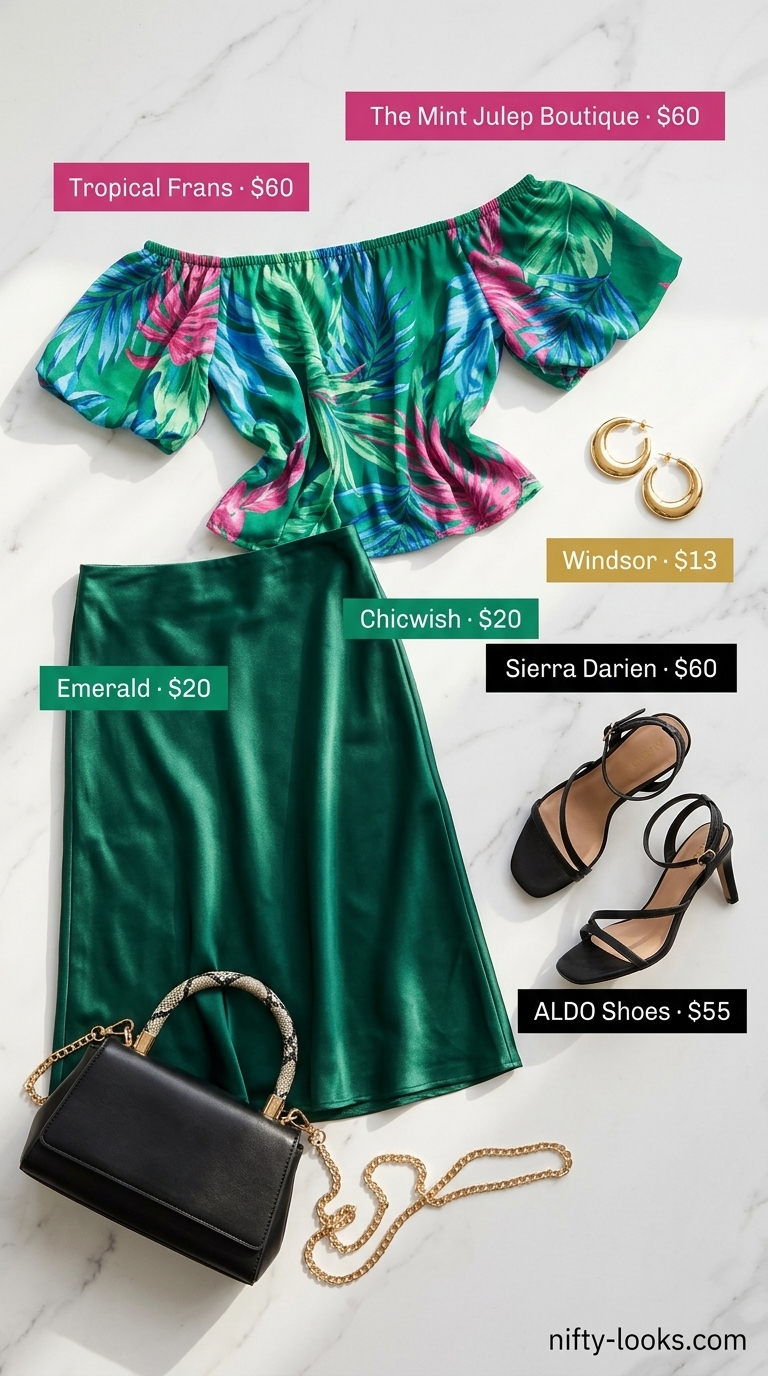 Rooftop Flowy Off-Shoulder Outfits 2026 Flowy summer off-shoulder outfits for women 2026: Tropical print top, emerald skirt, black heels for rooftop drinks.
