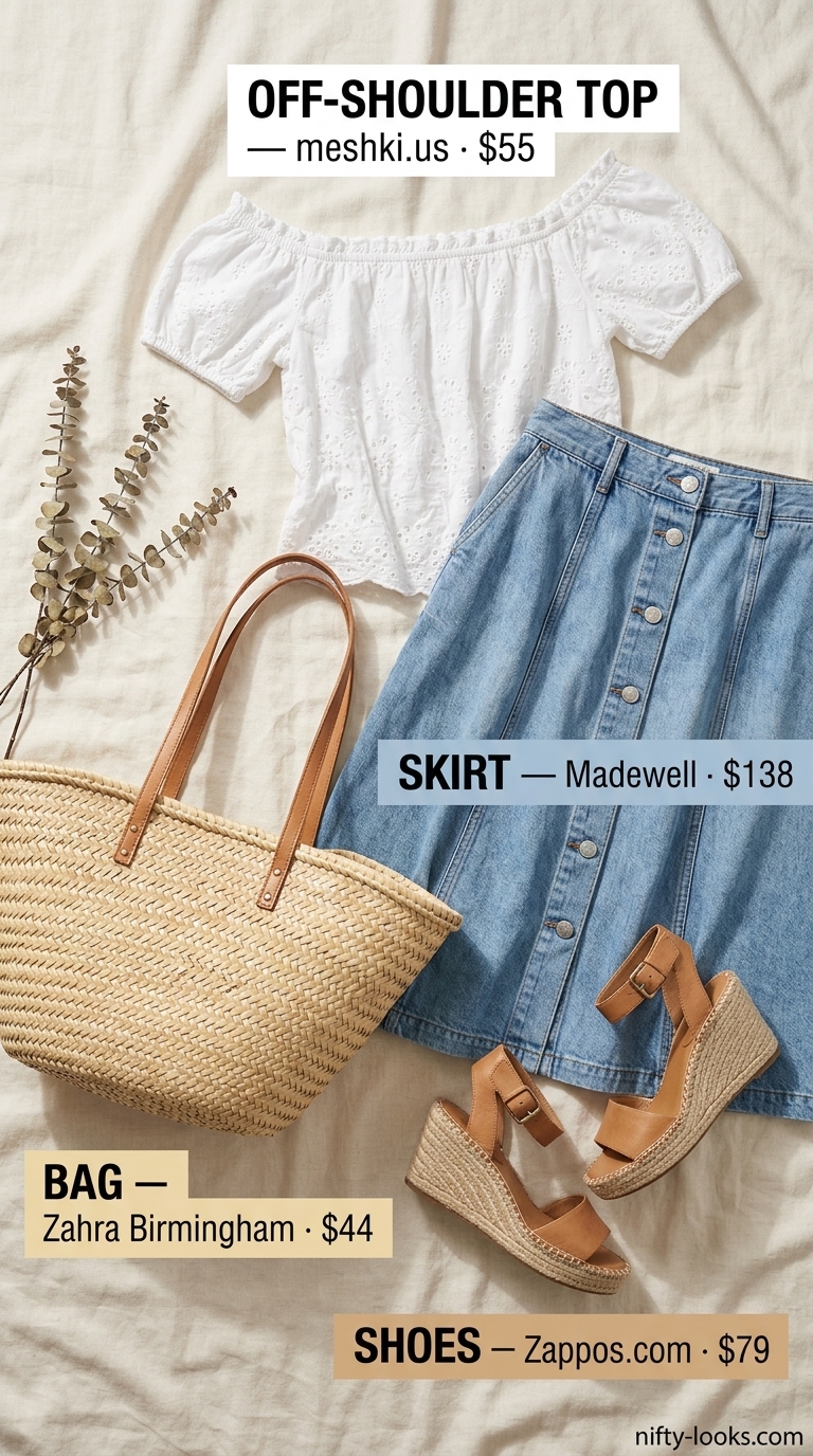 Brunch Flowy Off-Shoulder Outfits 2026 Flowy summer off-shoulder outfits for women 2026: White eyelet top, denim midi skirt, espadrilles for brunch.