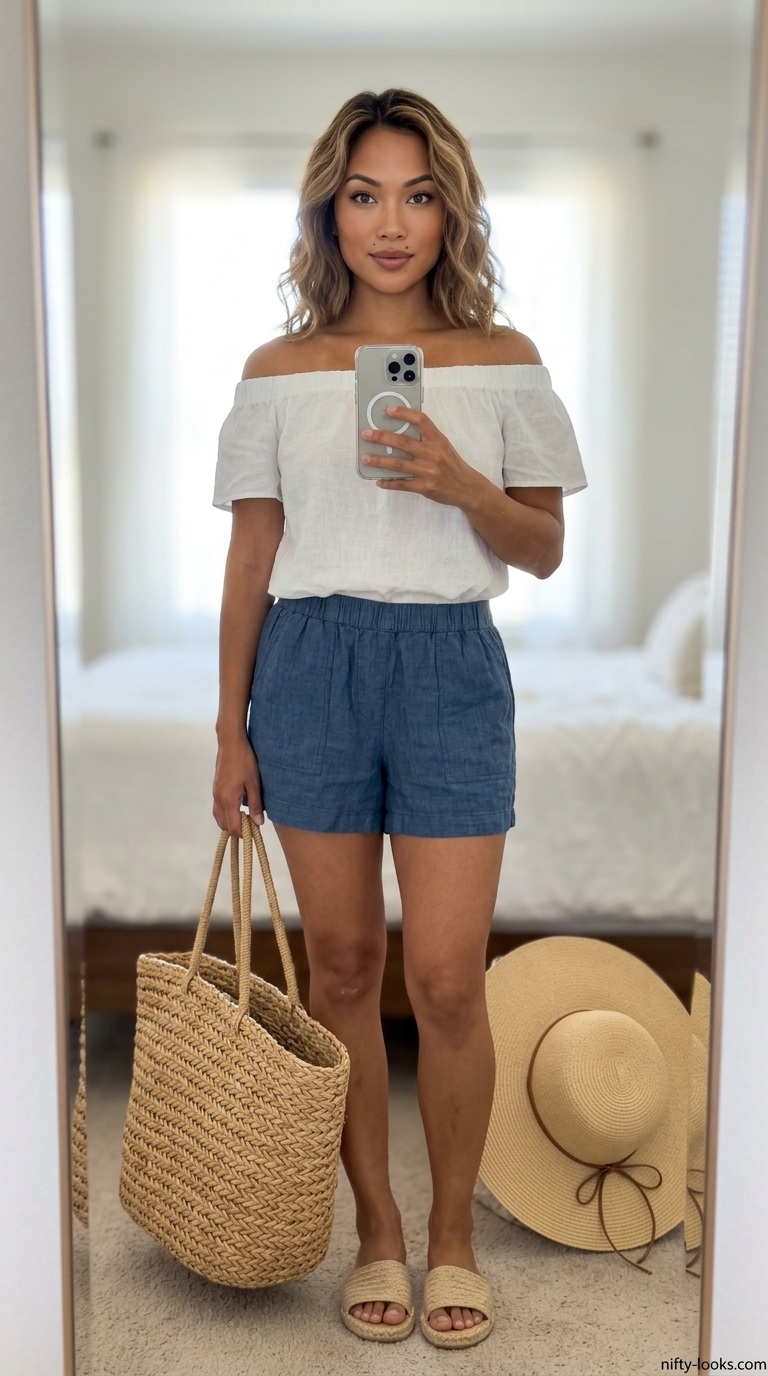 Lakeside Flowy Off-Shoulder Outfits 2026 Flowy summer off-shoulder outfits for women 2026: White linen top, indigo shorts, straw hat for a lakeside retreat.