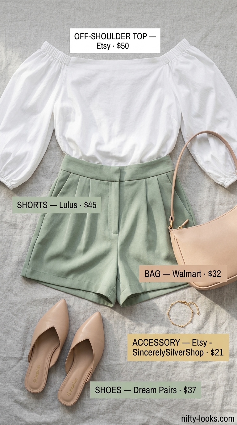 Chic Getaway Flowy Off-Shoulder Outfits 2026 Flowy summer off-shoulder outfits for women 2026: White top, sage shorts, nude flats for a chic getaway.