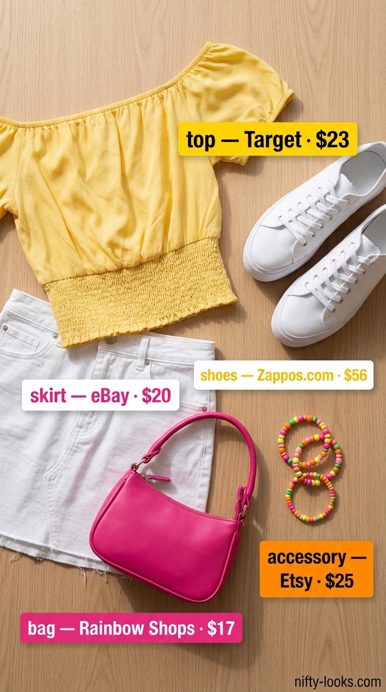 Poolside Flowy Off-Shoulder Outfits 2026 Flowy summer off-shoulder outfits for women 2026: Yellow top, white skirt, hot pink bag for a poolside party.