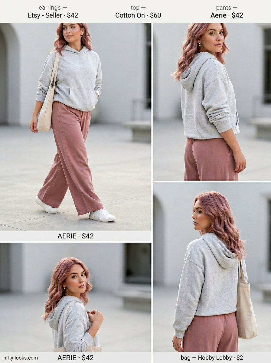 Flowy summer wide leg pants outfits 2026: Dusty rose pants with grey hoodie, sneakers for athleisure.