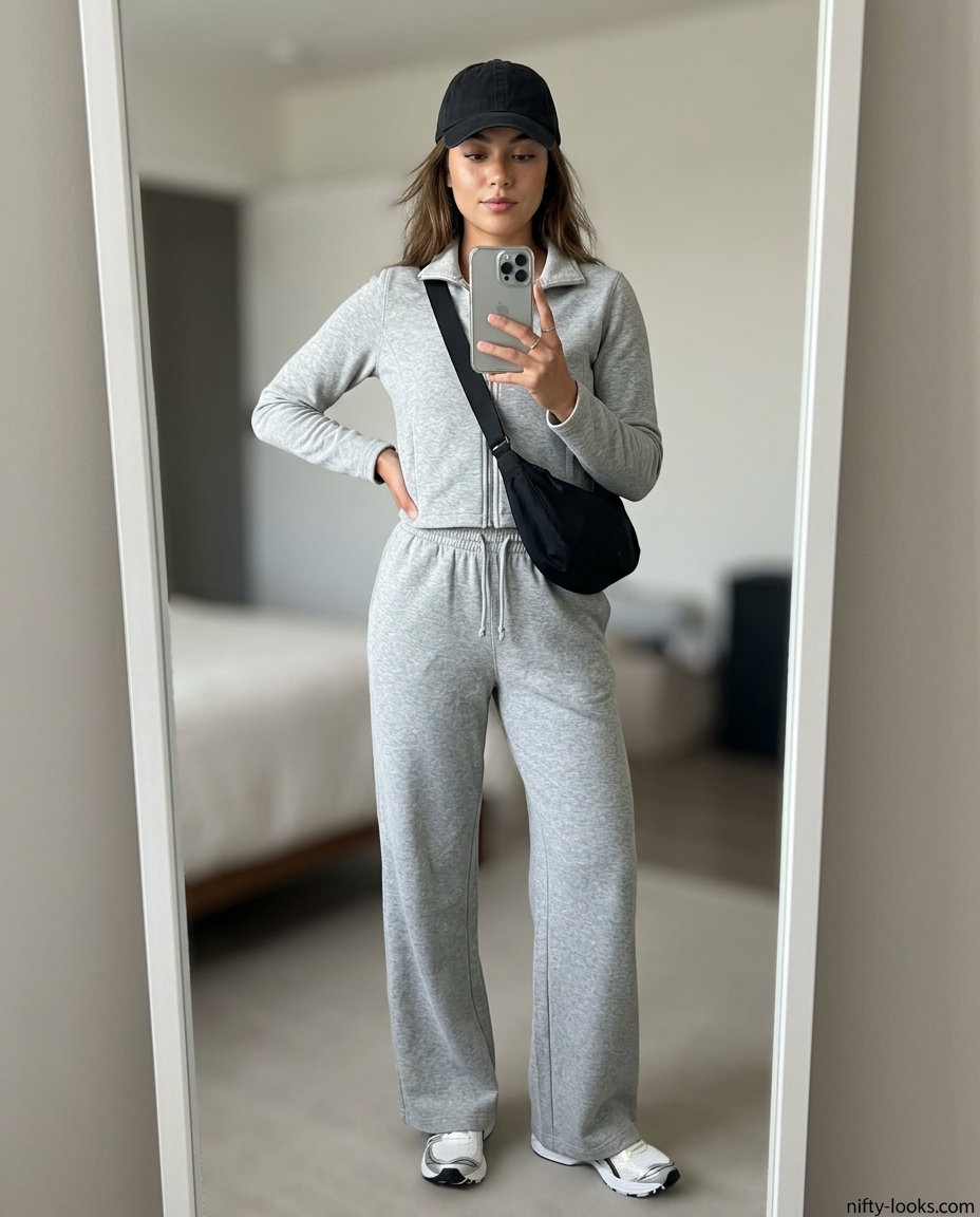 Flowy summer wide leg pants outfits 2026: Grey sweatpants set, white sneakers, black crossbody, baseball cap.