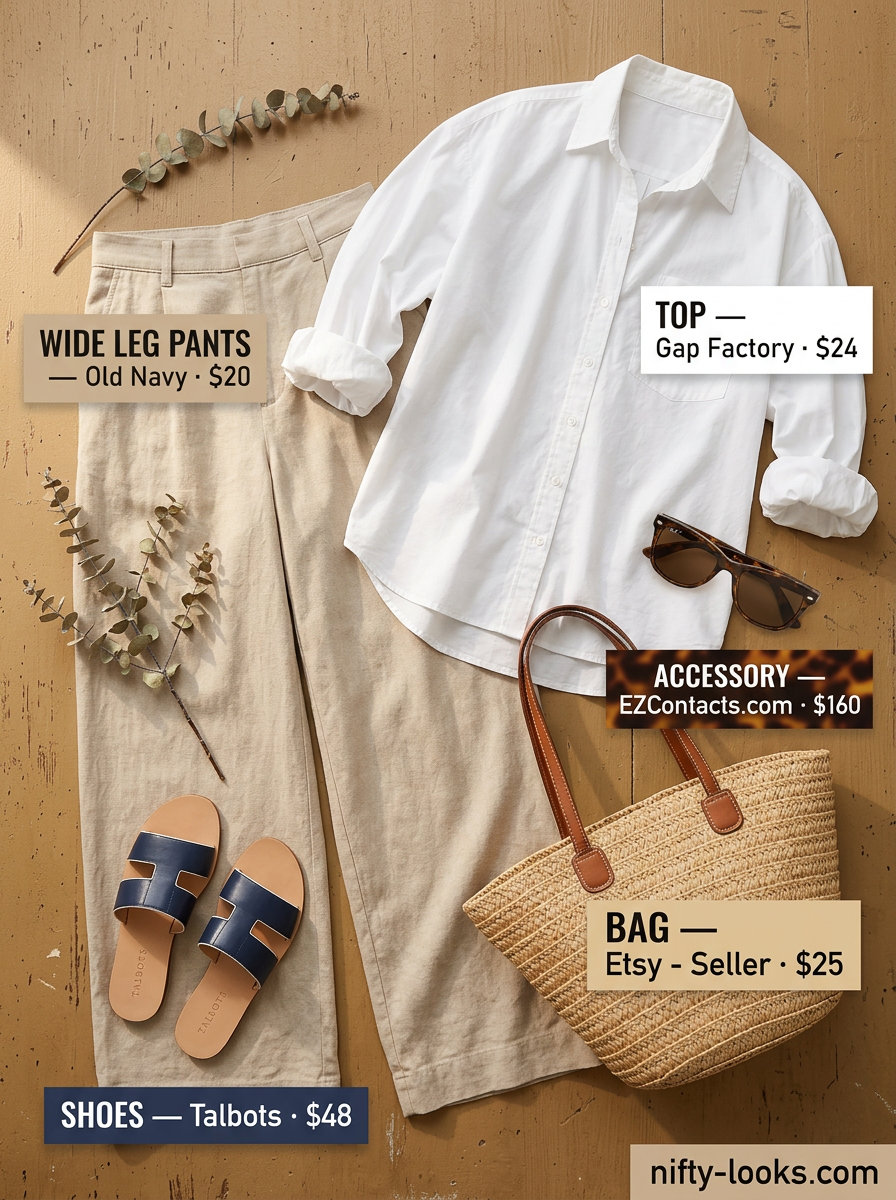 Flowy summer wide leg pants outfits 2026: Sand pants, white shirt, straw tote, leather slides, sunglasses.