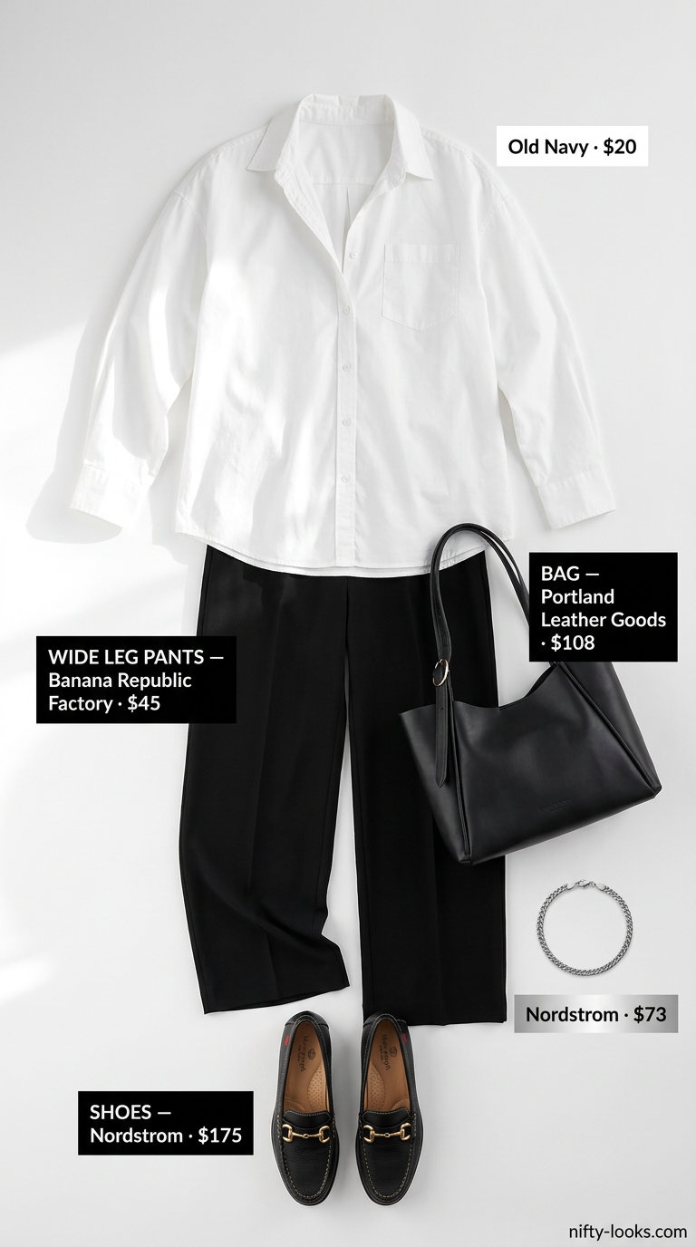 Navy blue flowy summer wide leg pants outfits 2026 with white shirt and black loafers.