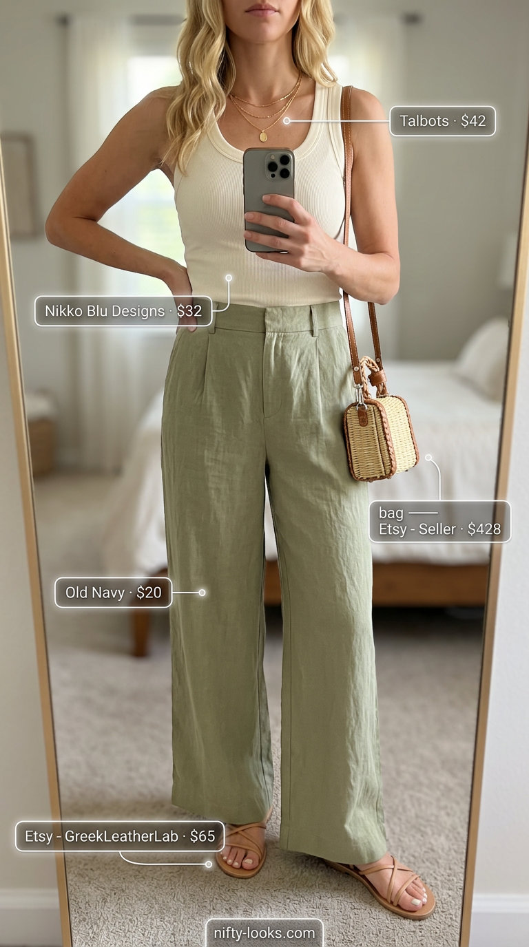 Flowy summer wide leg pants outfits 2026: Natural linen pants, cream tank, leather sandals, straw bag.