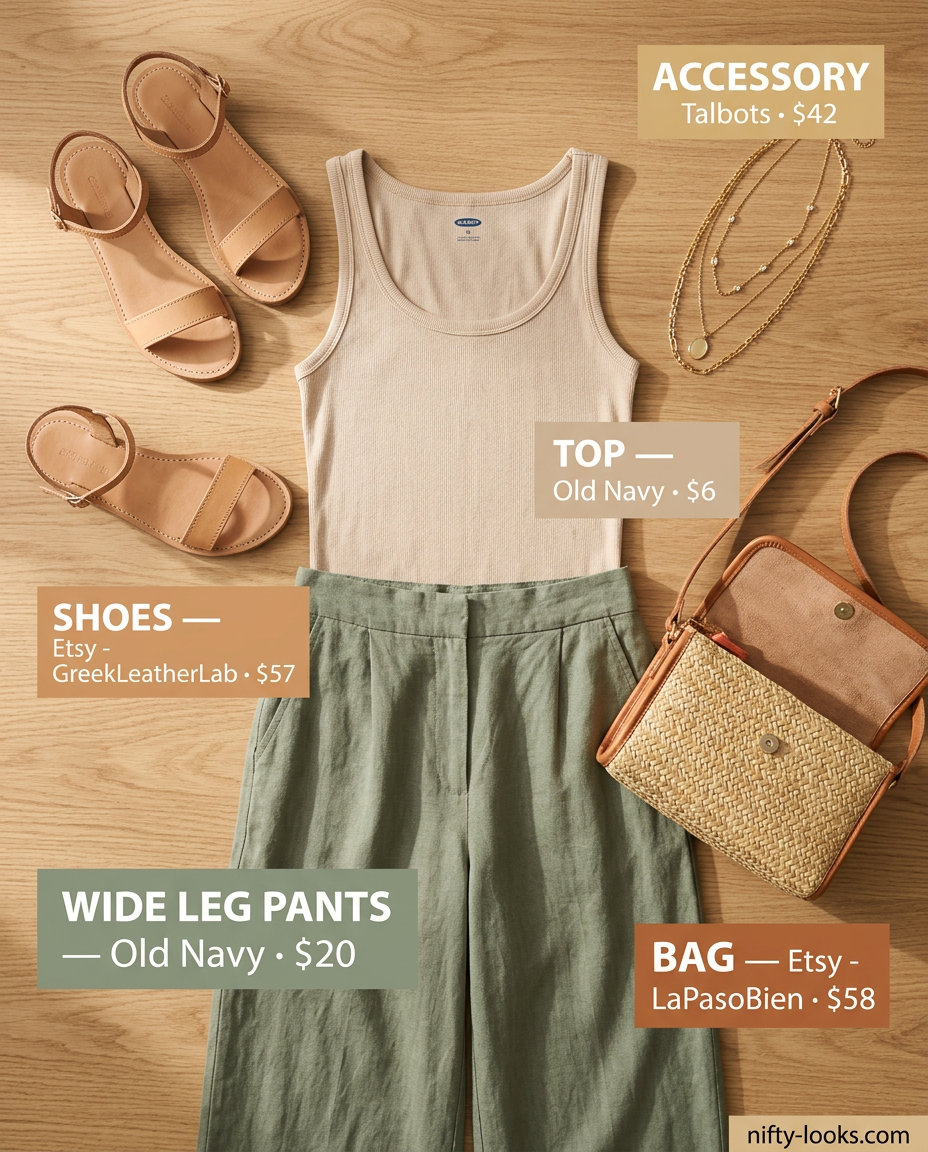 Beige flowy summer wide leg pants outfits 2026 with cream knit top, straw bag, and flat sandals.