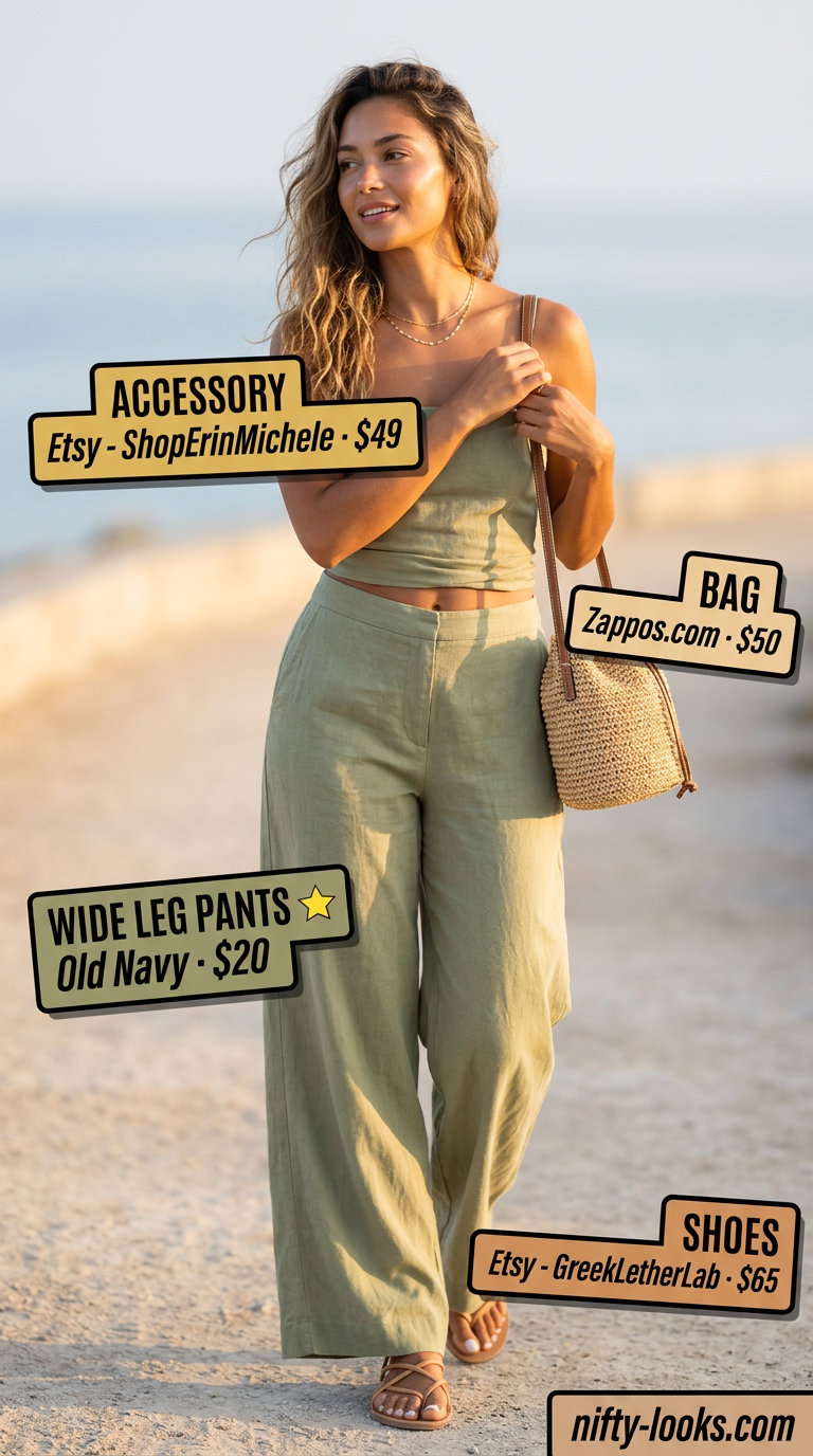 Flowy summer wide leg pants outfits 2026: Cream pants with sage tank, tan sandals for coastal chic.