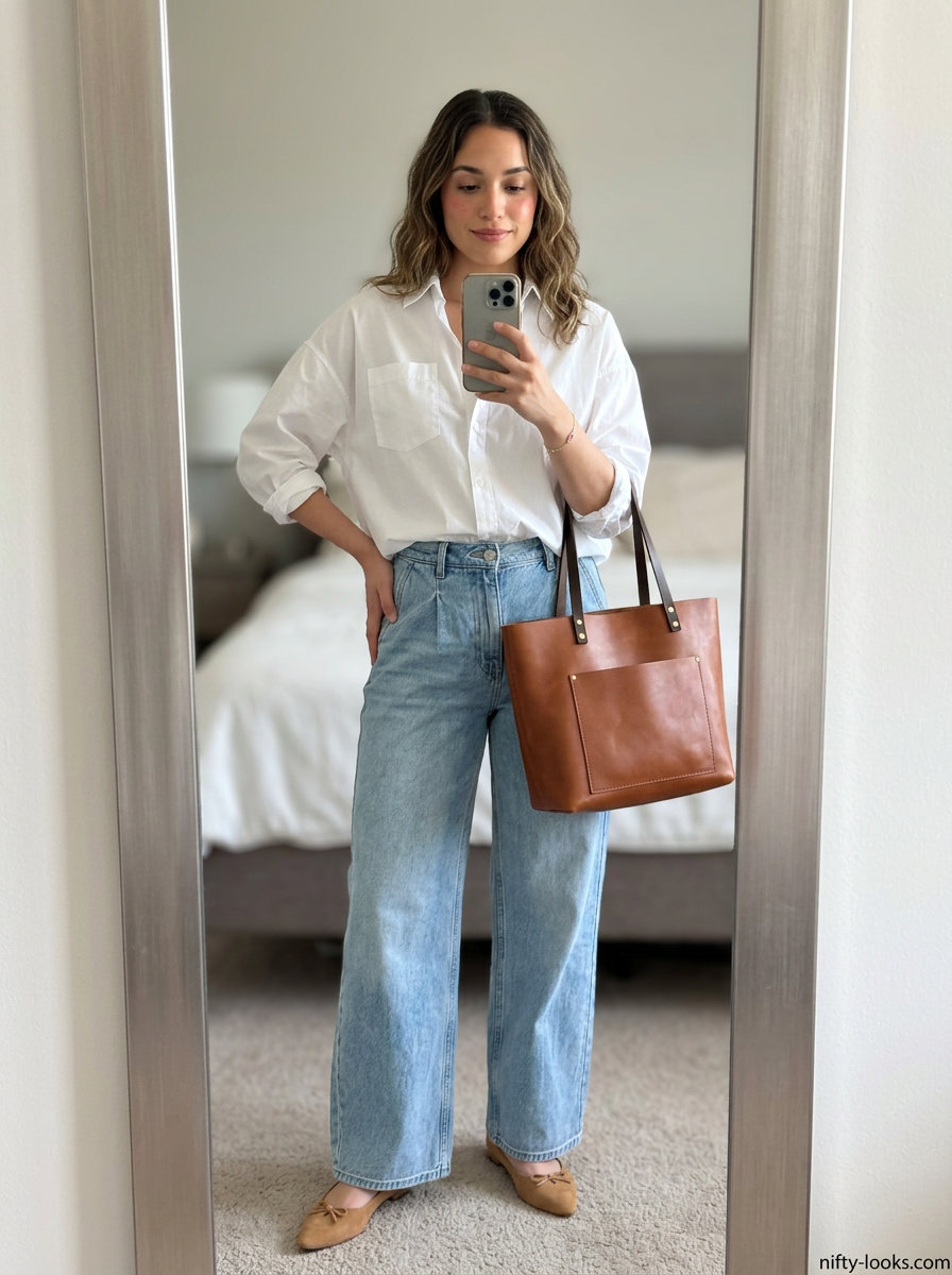 Light blue denim flowy summer wide leg pants outfits 2026 with white shirt and tan ballet flats.
