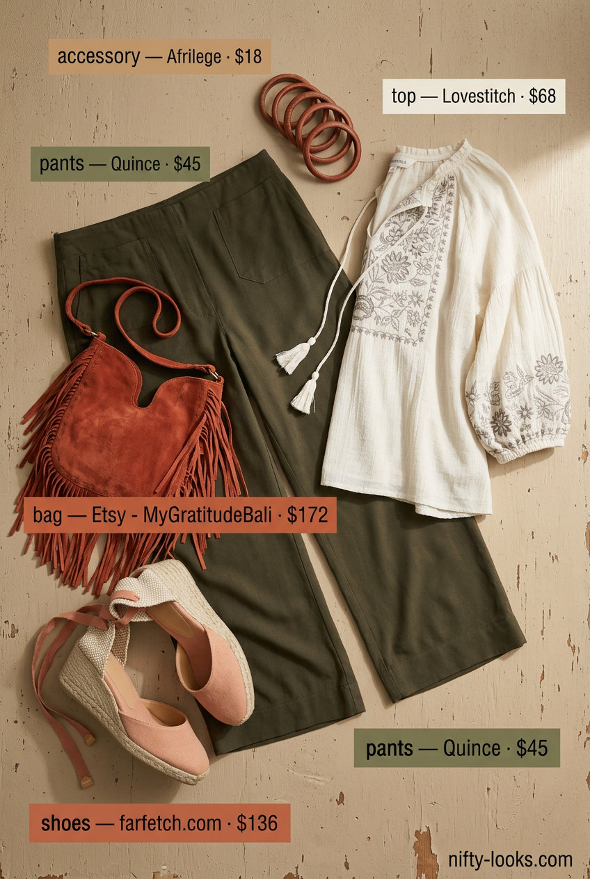 Olive green flowy summer wide leg pants outfits 2026 with cream blouse and espadrilles.