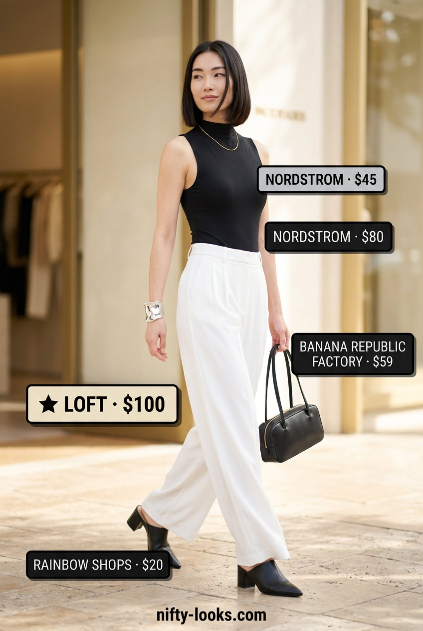 Flowy summer wide leg pants outfits 2026: White pants with black bodysuit, mules for minimalist style.