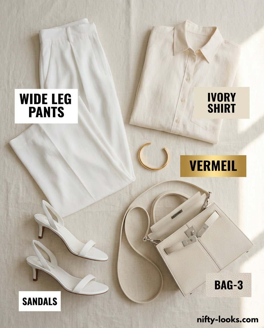 Flowy summer wide leg pants outfits 2026: White linen pants, ivory shirt, kitten heels, structured bag.
