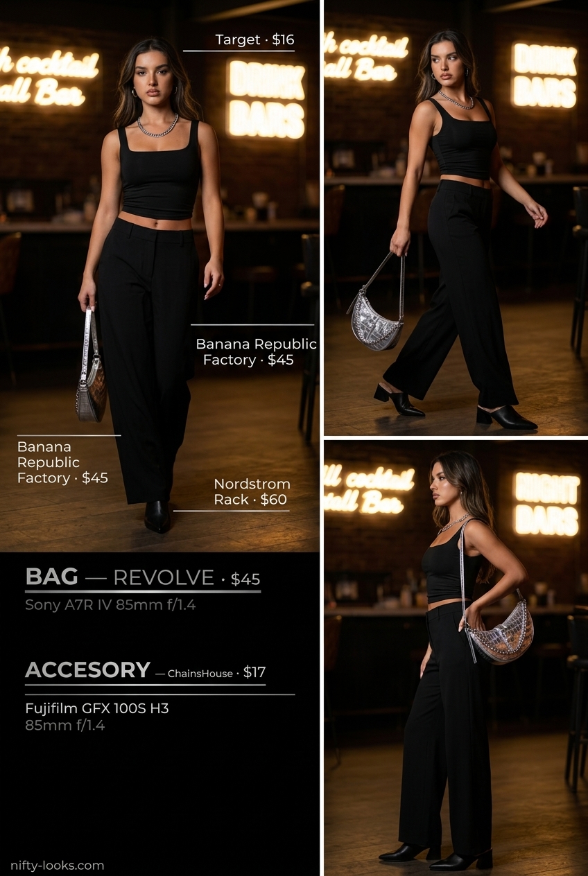 Flowy summer wide leg pants outfits 2026: Charcoal grey pants with black crop top, silver bag for night out.