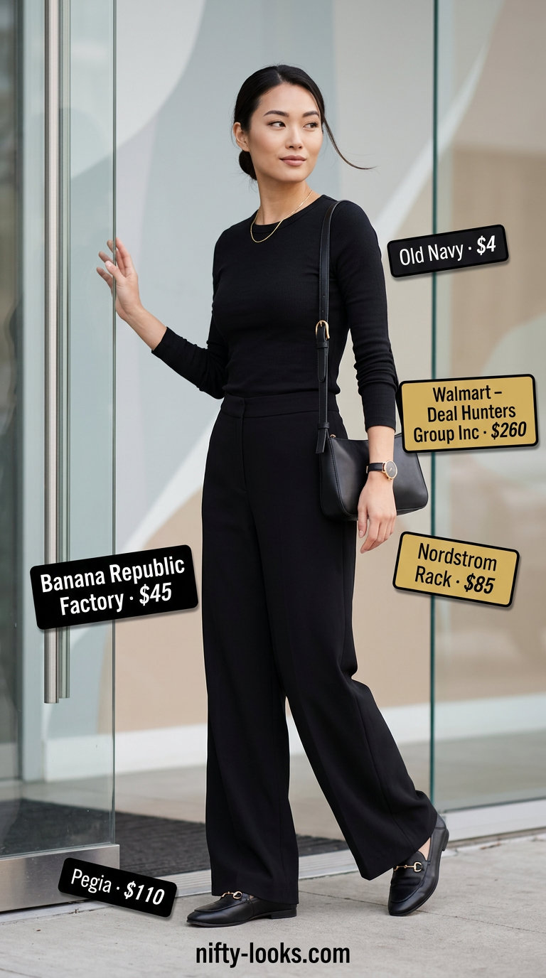 Flowy summer wide leg pants outfits 2026: Chocolate brown pants with black top, loafers for office casual.