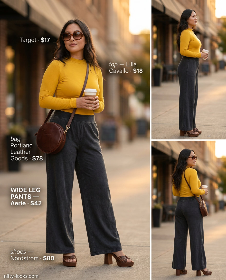 Light wash denim flowy summer wide leg pants outfits 2026 with mustard top and platform sandals.