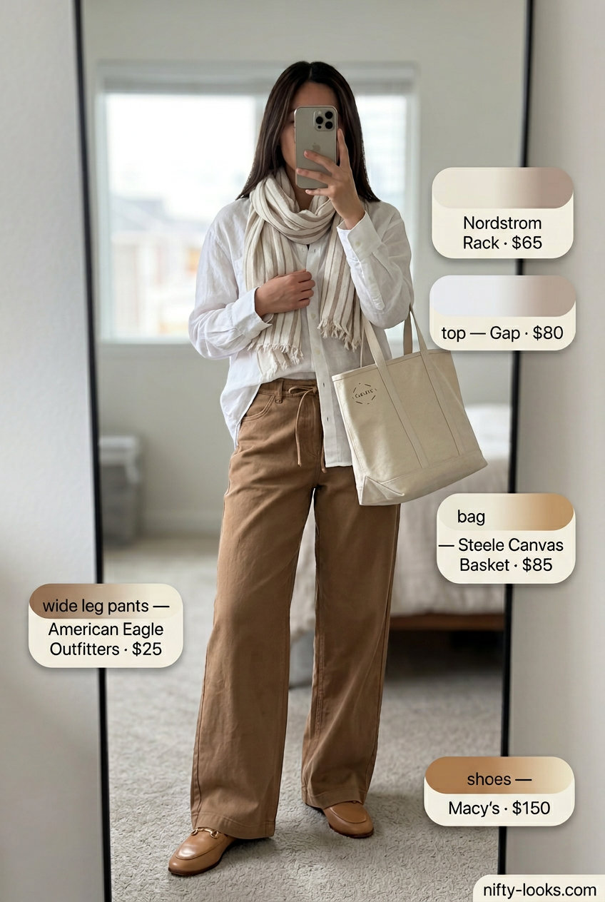 Flowy summer wide leg pants outfits 2026: Taupe pants, white linen shirt, scarf, canvas tote, leather loafers.