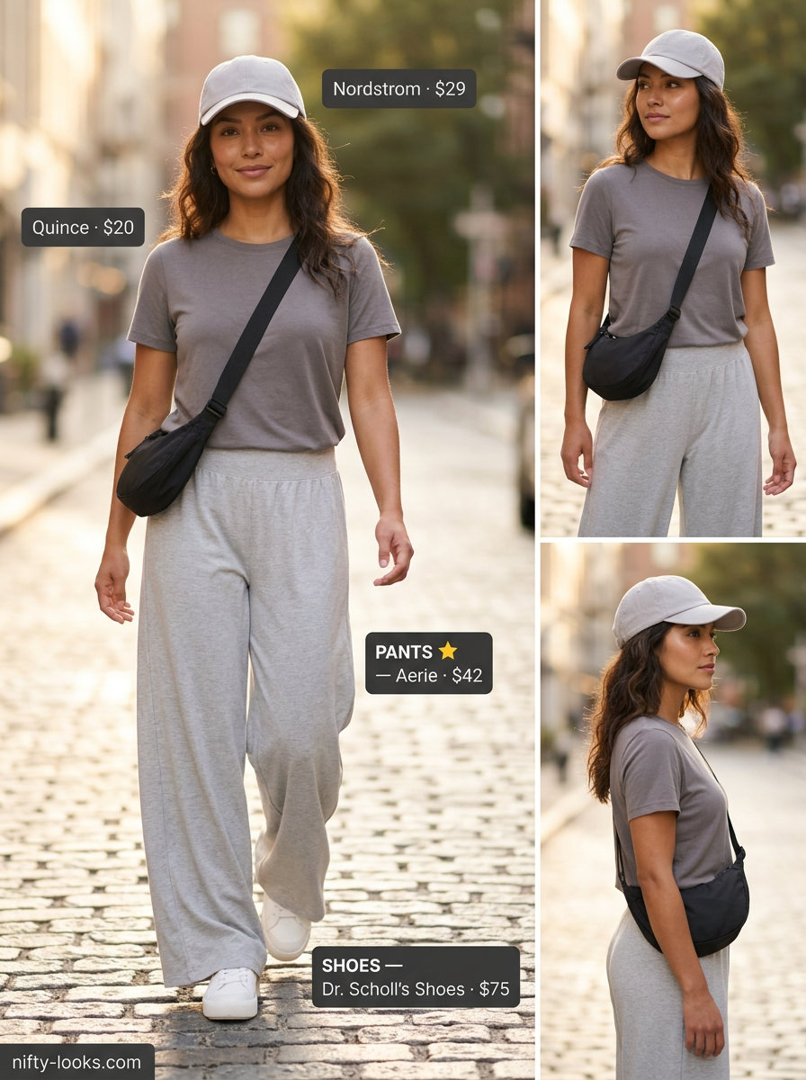 Flowy summer wide leg pants outfits 2026: Light grey pants with charcoal tee, white sneakers for travel.