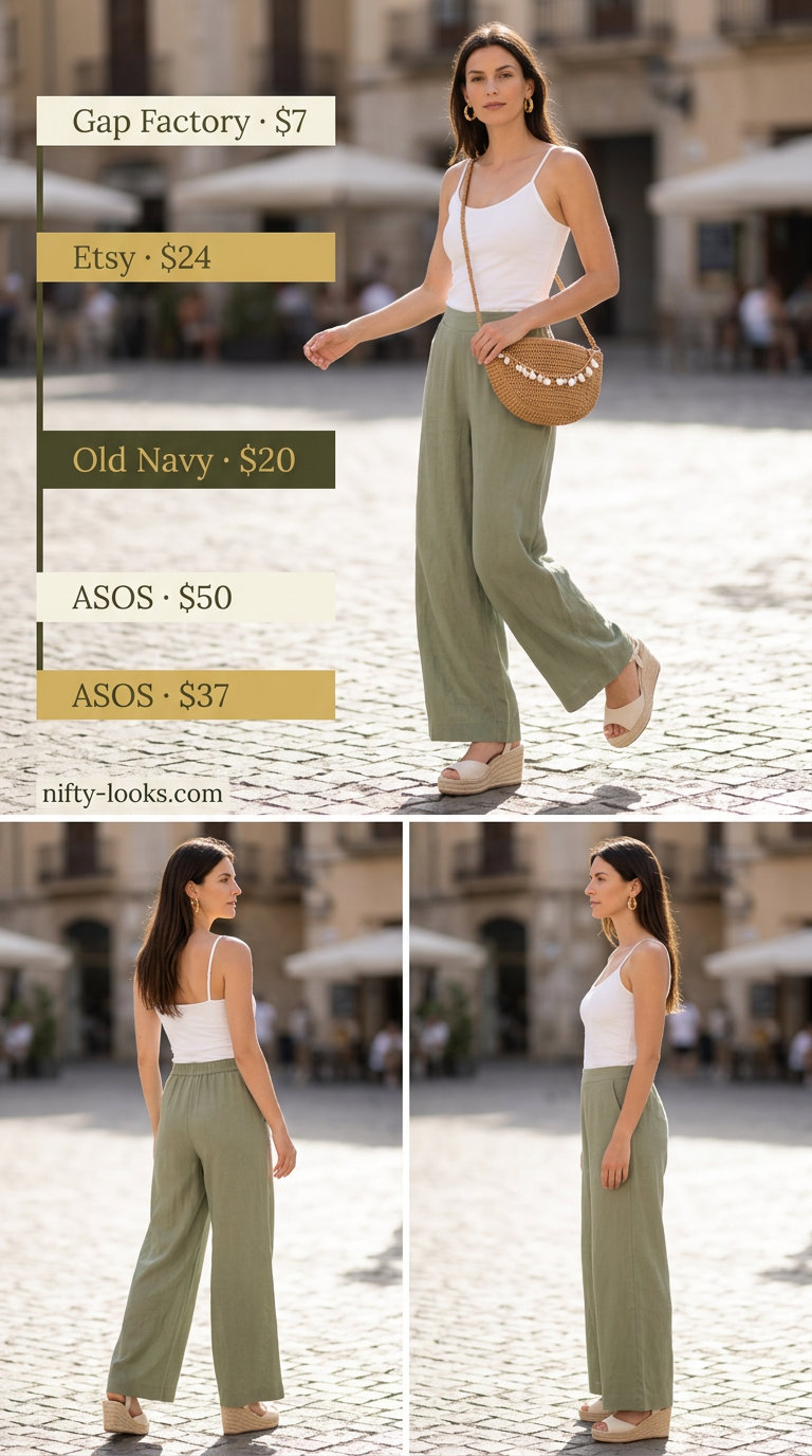 Emerald green flowy summer wide leg pants outfits 2026 with pink top, straw bag, and espadrilles for vacation.