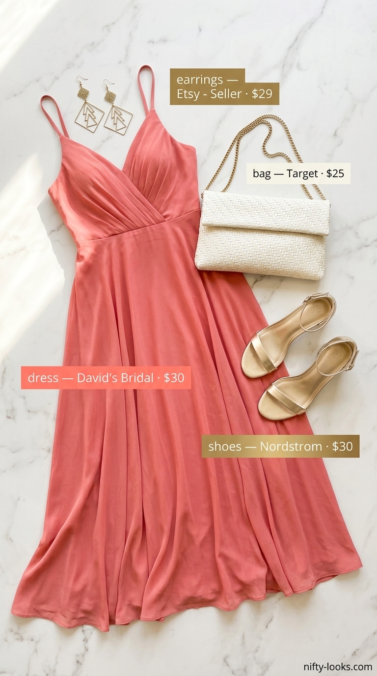 Hourglass curvy outfit summer for women 2026: Vibrant coral maxi dress, gold heels, and structured clutch for vacation evenings.