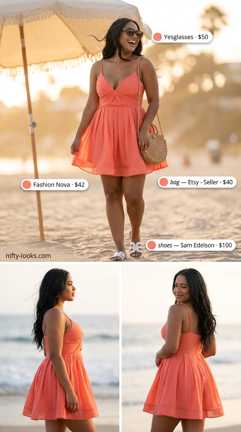 Hourglass curvy outfit summer for women 2026: Coral mini sundress, white slides, straw crossbody bag for beach days.