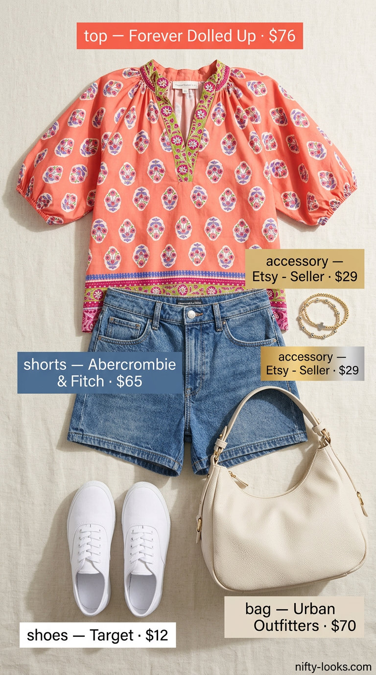 Hourglass curvy outfit summer for women 2026: Denim shorts, coral floral blouse, white sneakers, slouchy bag for casual days.
