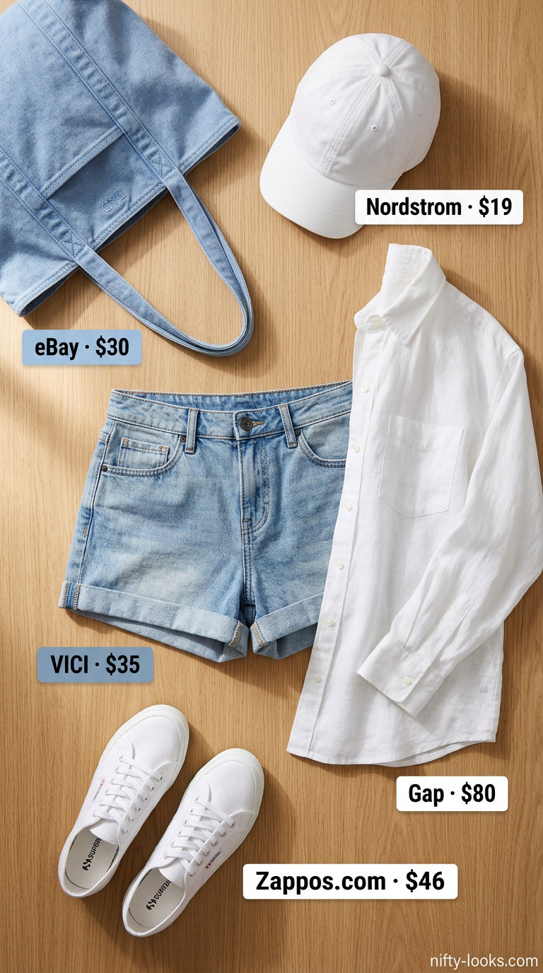 Hourglass curvy outfit summer for women 2026: Denim shorts, linen shirt, white sneakers, canvas tote for casual outings.