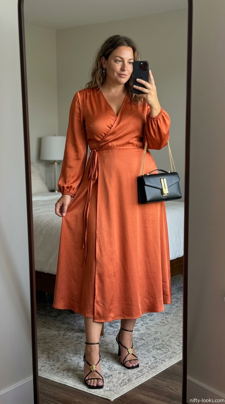 Hourglass curvy outfit summer for women 2026: Mango orange midi wrap dress, black heels, and gold hoops for cocktail parties.