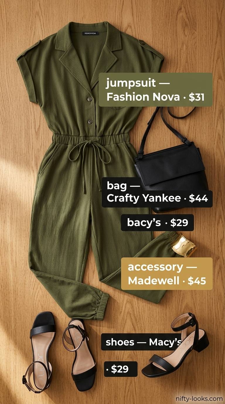 Hourglass curvy outfit summer for women 2026: Olive green utility jumpsuit, black block heels, gold cuff for casual chic.