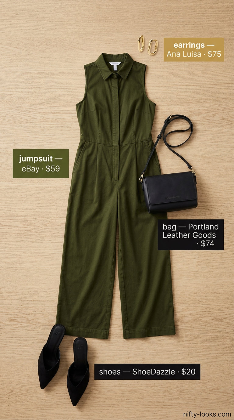 Hourglass curvy outfit summer for women 2026: Olive green jumpsuit, black mules, gold hoops, leather crossbody for sophisticated day.