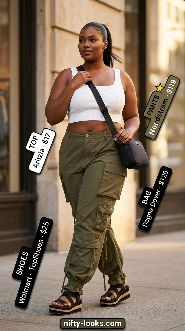 Hourglass curvy outfit summer for women 2026: Olive cargo pants, white crop top, black sandals for casual daytime.