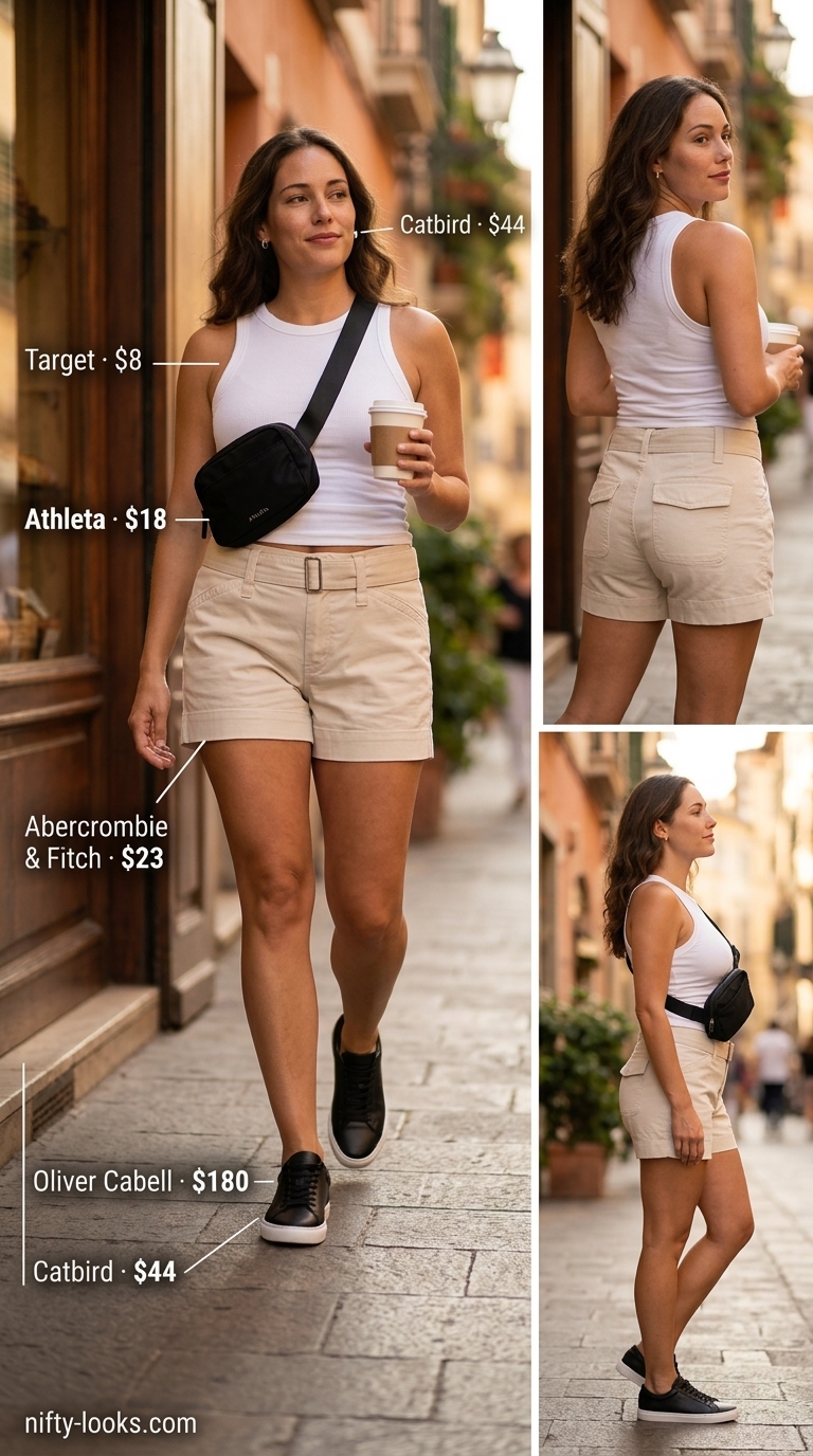 Hourglass curvy outfit summer for women 2026: Beige cargo shorts, white tank, and black sneakers.