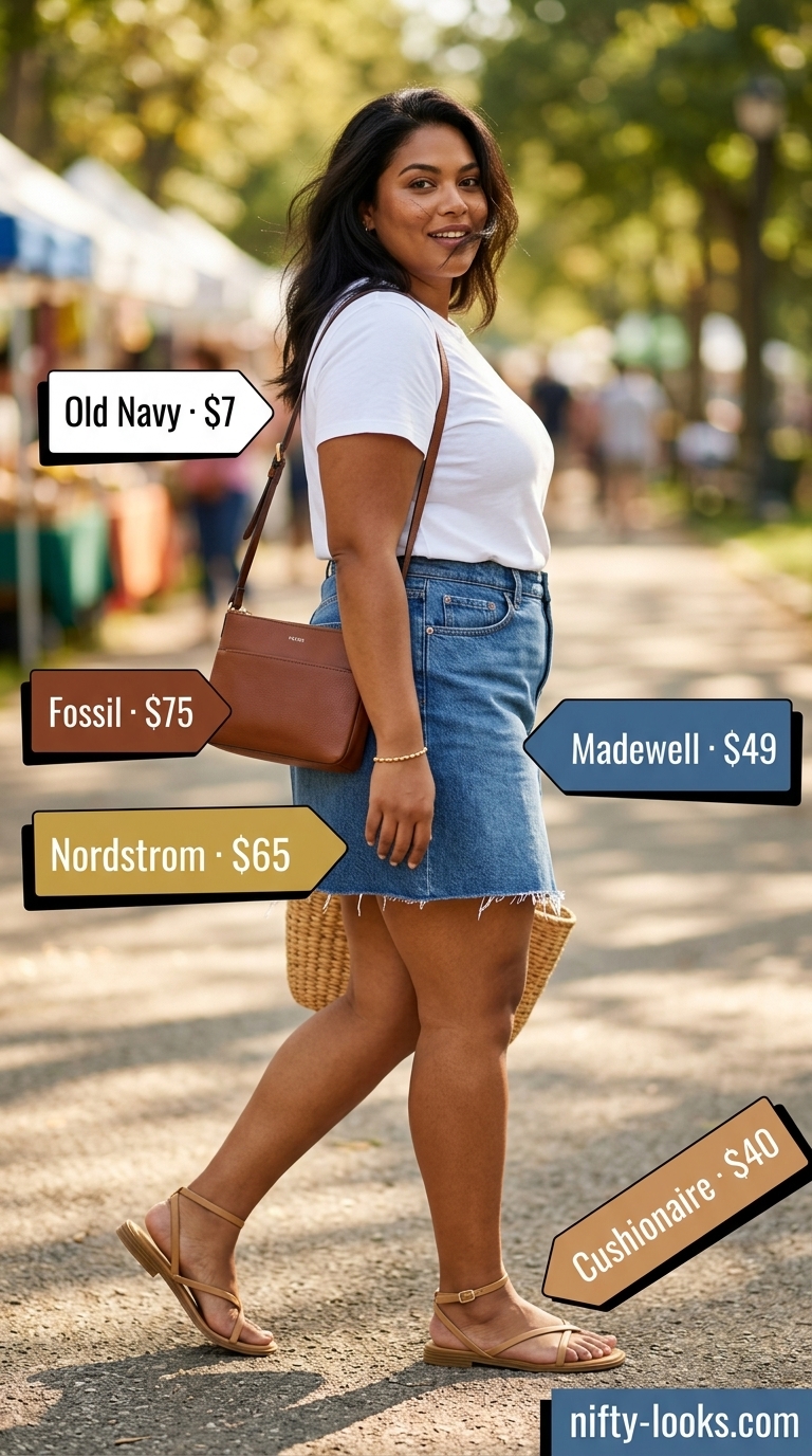 Hourglass curvy outfit summer for women 2026: Denim A-line mini skirt and white t-shirt for a casual look.