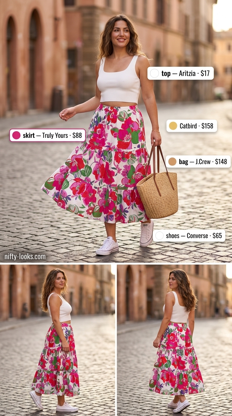 Hourglass curvy outfit summer for women 2026: Pink floral midi skirt, white cropped top, and sneakers for a chic day out.