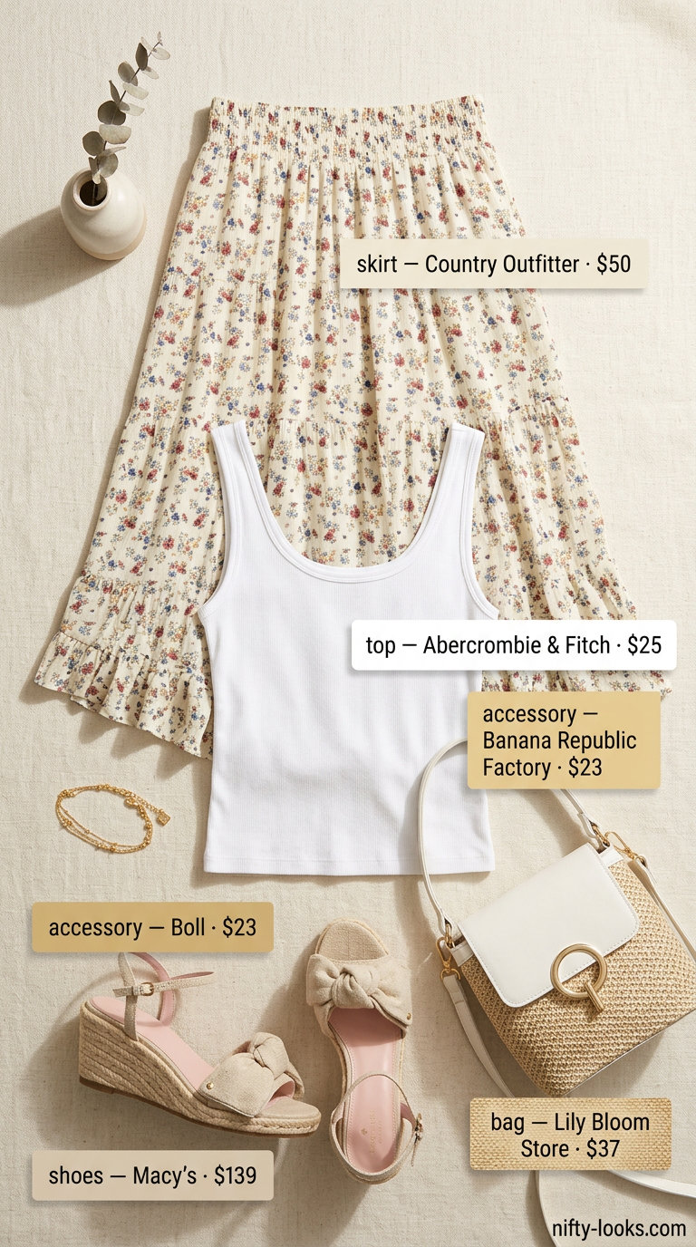 Hourglass curvy outfit summer for women 2026: Floral midi skirt, white tank, espadrilles for a summer lunch.