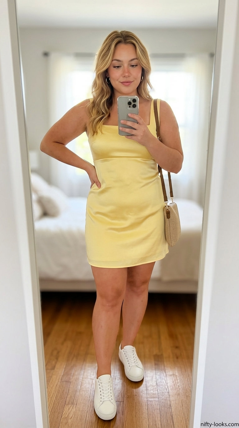 Hourglass curvy outfit summer for women 2026: Lemon yellow mini dress, white sneakers, gold earrings for a summer party.