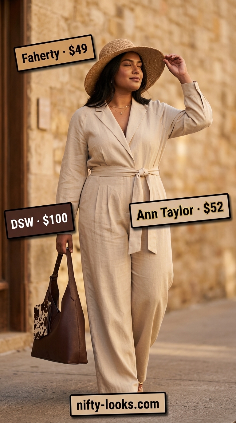 Hourglass curvy outfit summer for women 2026: Beige linen wide-leg jumpsuit with flat slides.