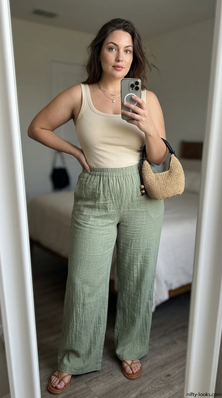 Hourglass curvy outfit summer for women 2026: Sage green linen pants, cream tank, flat sandals for casual evening.